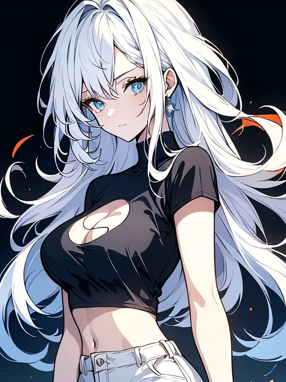 ((4K,Masterpiece,Best quality)), (((Intense))), standing, 1girll, （From the side Side）(Handle Hair), Long hair, (White hair), bangs, hair between eye, Blue eyes, Sexy pose, Hot, Simple background,  T-shirt with cut-out crop top at front