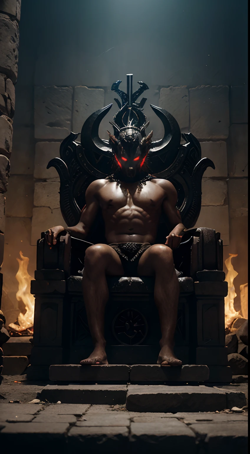 An illustration or artwork that visualizes the symbolic depiction of Satan on a throne in an ancient city, talvez envolvendo elementos sombrios ou misteriosos.