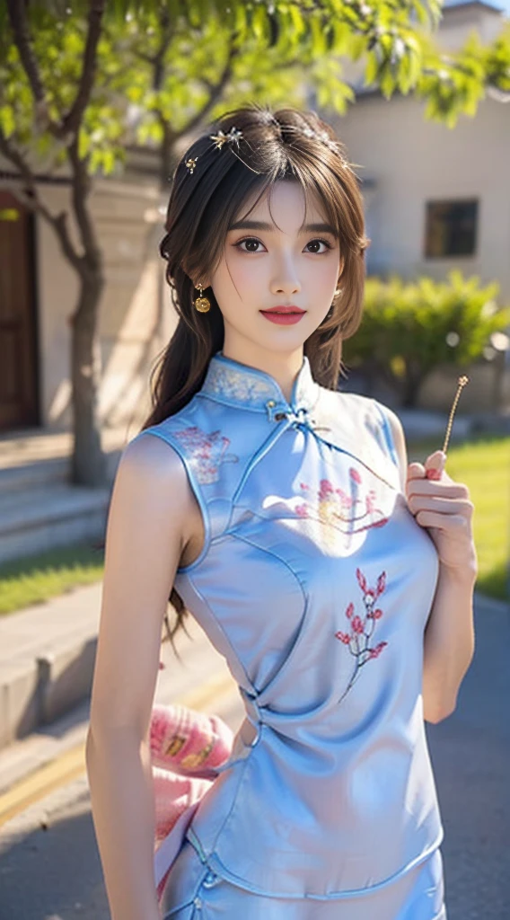 (16k wallpaper, masutepiece, Best Quality, Ultra-detailed, Highly detailed realistic photos, Beautiful detailed eyes, Solo, curby, qipao dress, chinese clothes, thighs thighs thighs thighs, Voluptuous, Chinatown), Ultra High Resolution, Fine skin、Sexy, 20 years old, Smile, Beautiful Girl