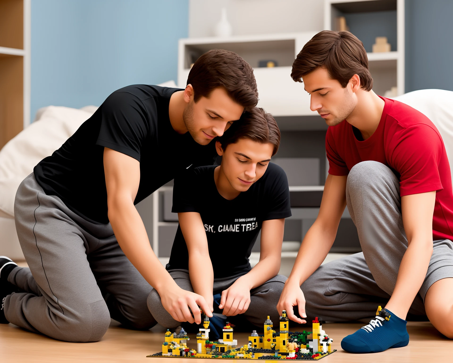 Disney Pixar poster. The main focus is the couple sitting on the floor of a cozy room. The female is Caucasian, 23 years old and has slightly wavy mid-length brown hair, light brown eyes, and an average body. She is also wearing an oversized t-shirt, black leggings and white socks. The male is Caucasian, skinny, with straight brown hair, brown eyes, and freckles. He is wearing a black t-shirt, grey sweatpants, and black socks. They are building a Lego set together.