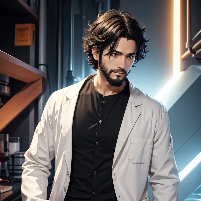 Anime guy. Mid thirties. 2 D. Drawing. Color. Short semi curly hair. Short scruffy beard. Lab coat. Black hair.