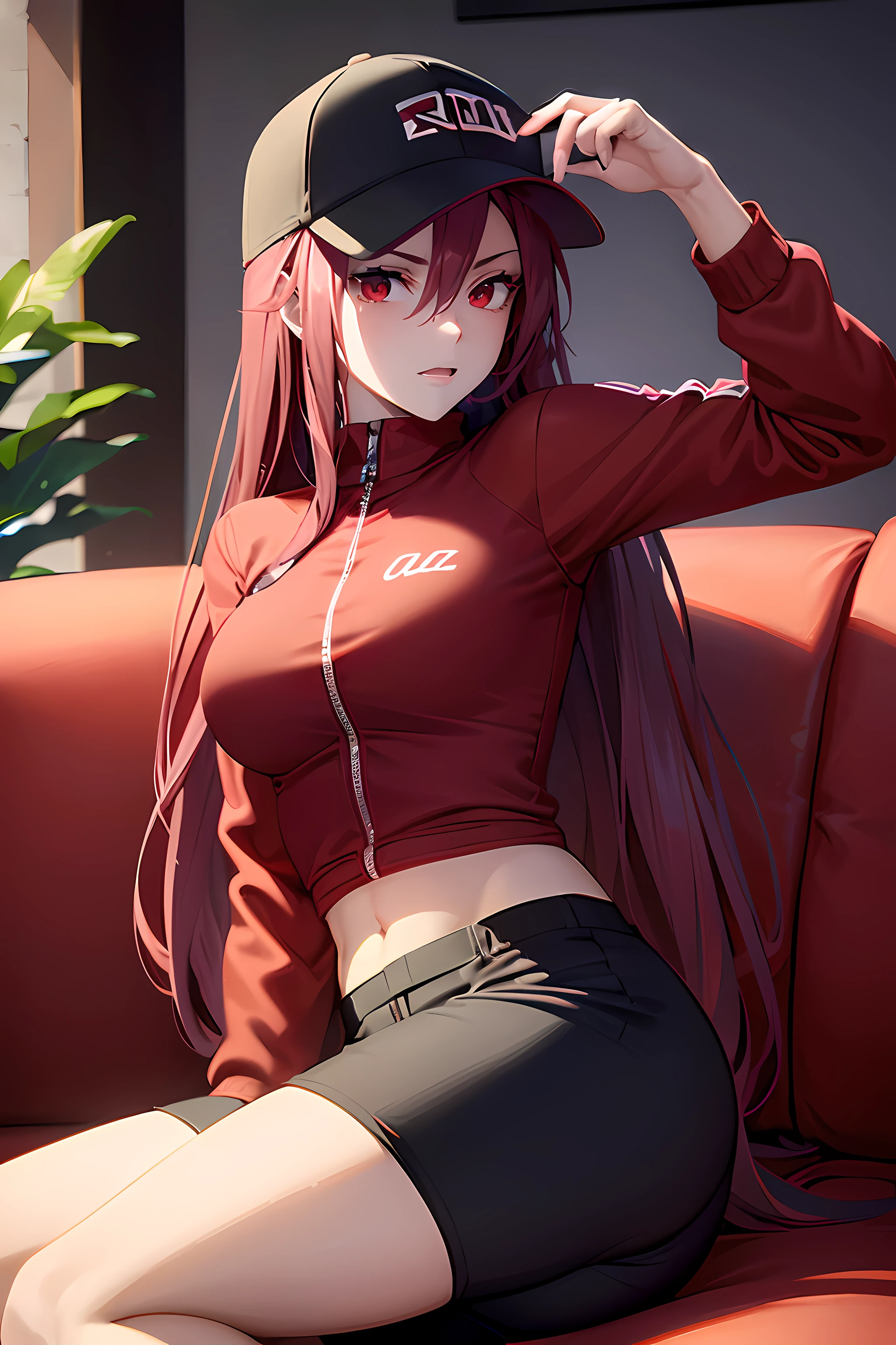 a girl with long red hair and and wearing a baseball cap and sitting on a couch, red eyes, wearing black baseball cape, shaded face, slim body, tracksuit