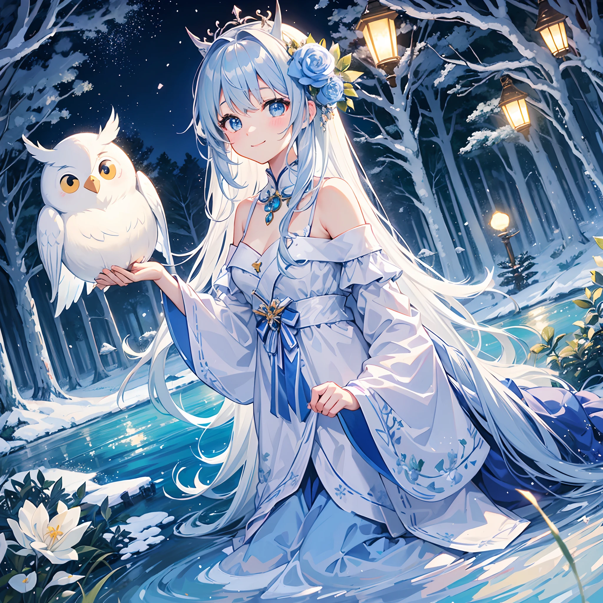 In a fantastic forest、kawaii girl、Light blue long hair、Twin-tailed、adorable smiling、Starry sky、Dazzling moonlight、in woods、Blizzard of flowers fluttering(Some photos)、The water of the lake soars to the heavens、Cute costumes like fairies、A snow-white owl is watching over the girl、