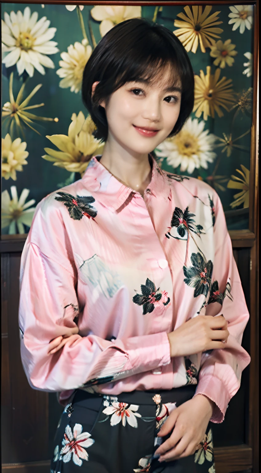 93
(a 20 yo woman,is standing), (A hyper-realistic), (masutepiece), ((short-hair:1.46)), (Smooth black hair), wear long pants, (Wearing a long-sleeved shirt with a floral print), (painterly、picture frame), (Gentle smile), (Keep your mouth shut)