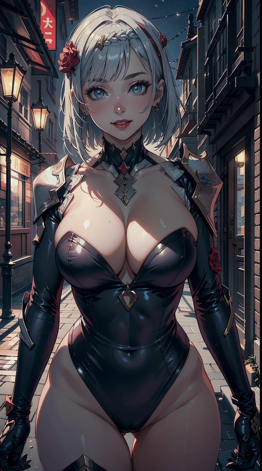 ((masterpiece)),(bestquality),((ultra-detailed)), ((beautiful detailed sky)), ((cinematic lighting)), depth of field, (dynamic angle),detailed lighting,(beautiful detailed eyes), wearing leotard, gloves, outdoors, red lip, smile,eyeshadow,large , , cleavage,  thighs, noelledef