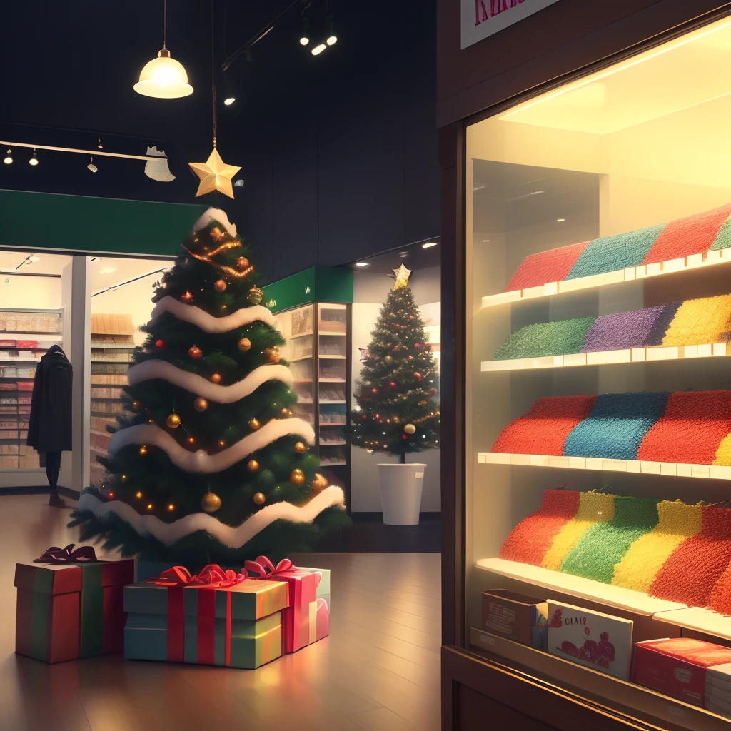 Christmas tree with stores on the side the store on the left says sale and the store on the right says toys the stores are seen from the side and you can see the display window with items inside both stores