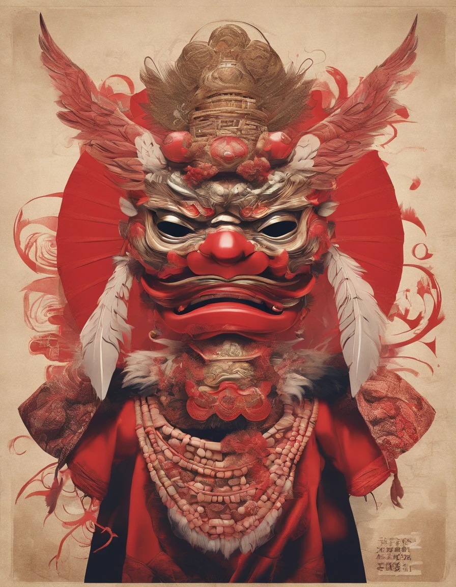 Japan myths, Making a tengu, Red mask with a long nose, thin and long nose, Japan straw hat with feathers, 8K, ultra-realism, Cinematic