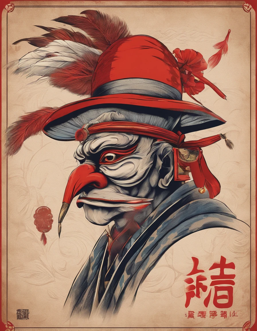 Japan myths, Making a tengu, Red mask with a long nose, thin and long nose, Japan straw hat with feathers, 8K, ultra-realism, Cinematic