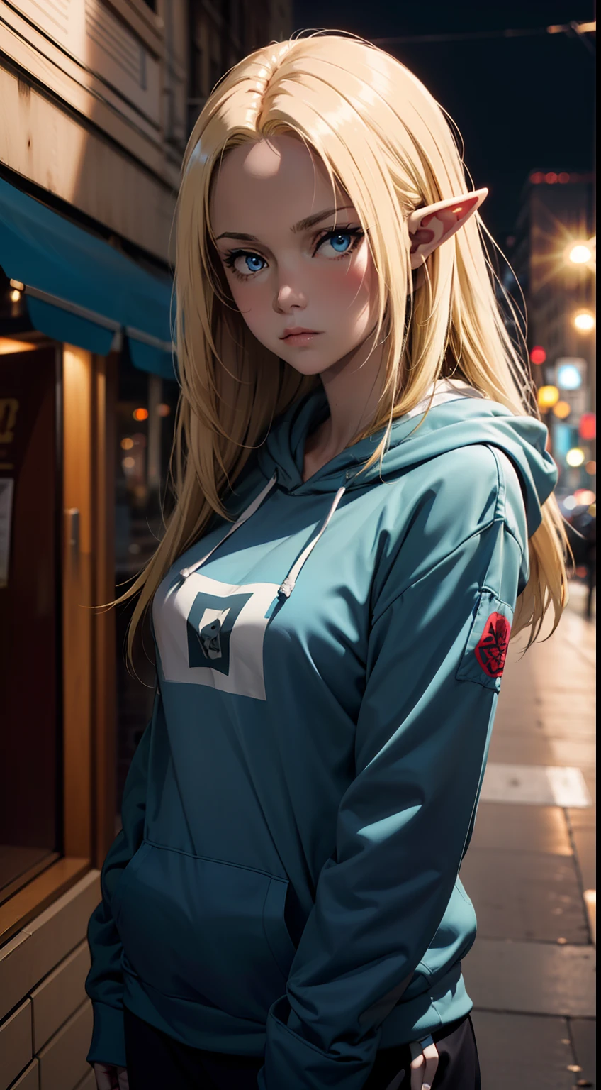 (masterpiece, best quality:1.4), 1girl, upper body, wearing Streetwear ((Hoodie)), blonde_hair, blue_eyes, serious face, closed_mouth, elf ears, looking_at_viewer, medium breast, full face blush, blurry background, depth of field, dinamic lighting, sharp focus, realistic proportions, good anatomy, Cityscape , outside, at night