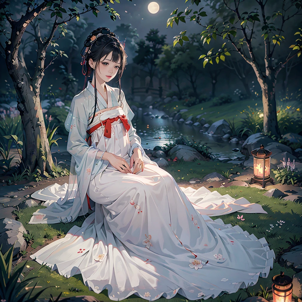 (Best quality,A high resolution,Clear image:1.2),Ultra-detailed background,Beautiful woman,Korean traditional hanbok,Delicate petals,Garden scene,Under the moonlight,Romantic atmosphere,Dutch Angle Shot,Soft lighting,shelmet