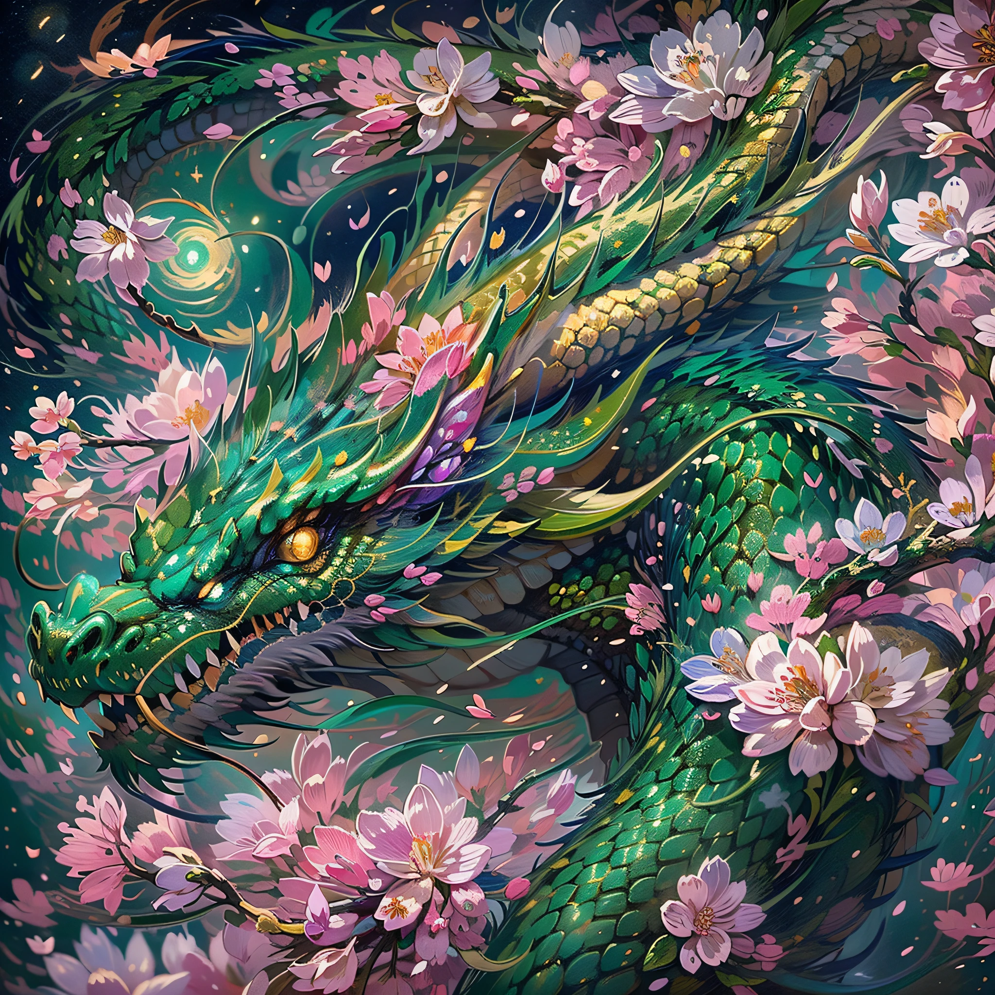 "(Best Quality, Masterpiece:1.2), Ultra-detailed, Realistic, Emerald Colors, Wooden Dragon, Flying in the starry night sky, cherry blossom petals, floating around, scales, surreal"