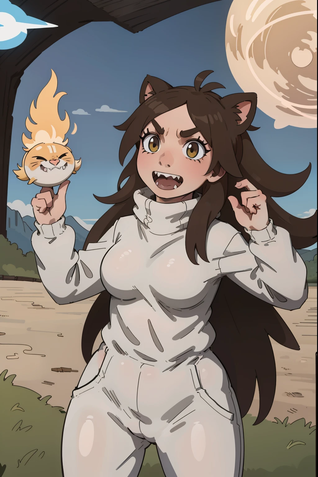 brown hair, long hair,medium breast, sport pants, long pullover, lion tails, living hair, animal fangs,green eyes, kemono mimi, cloak, medieval cloak flip flops