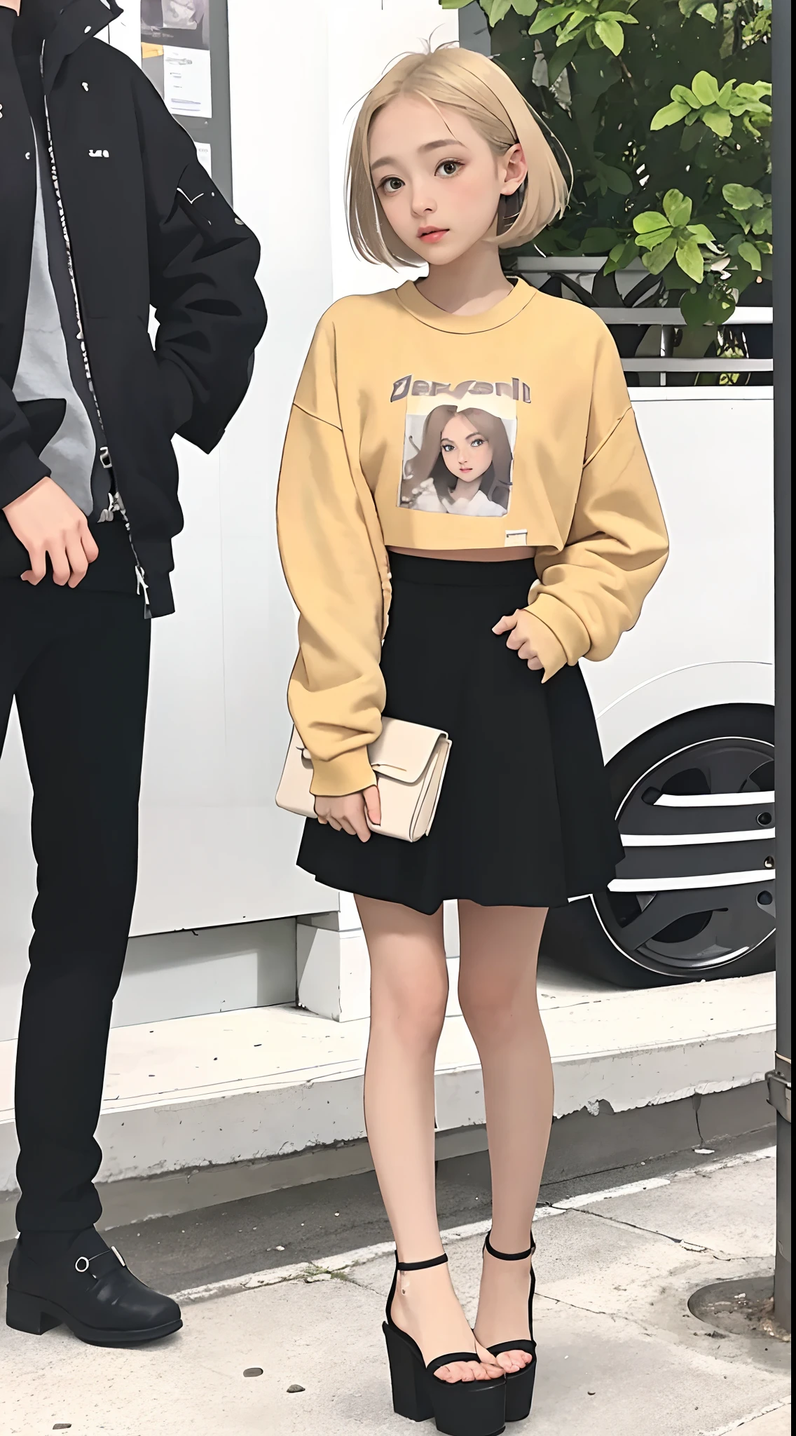 -teen, European,nde, small breasts, big eyes, close-up on breasts, sweatshirt, tiny ruffled skirt, heeled sandals, long legs, full body, ray tracing, HDR