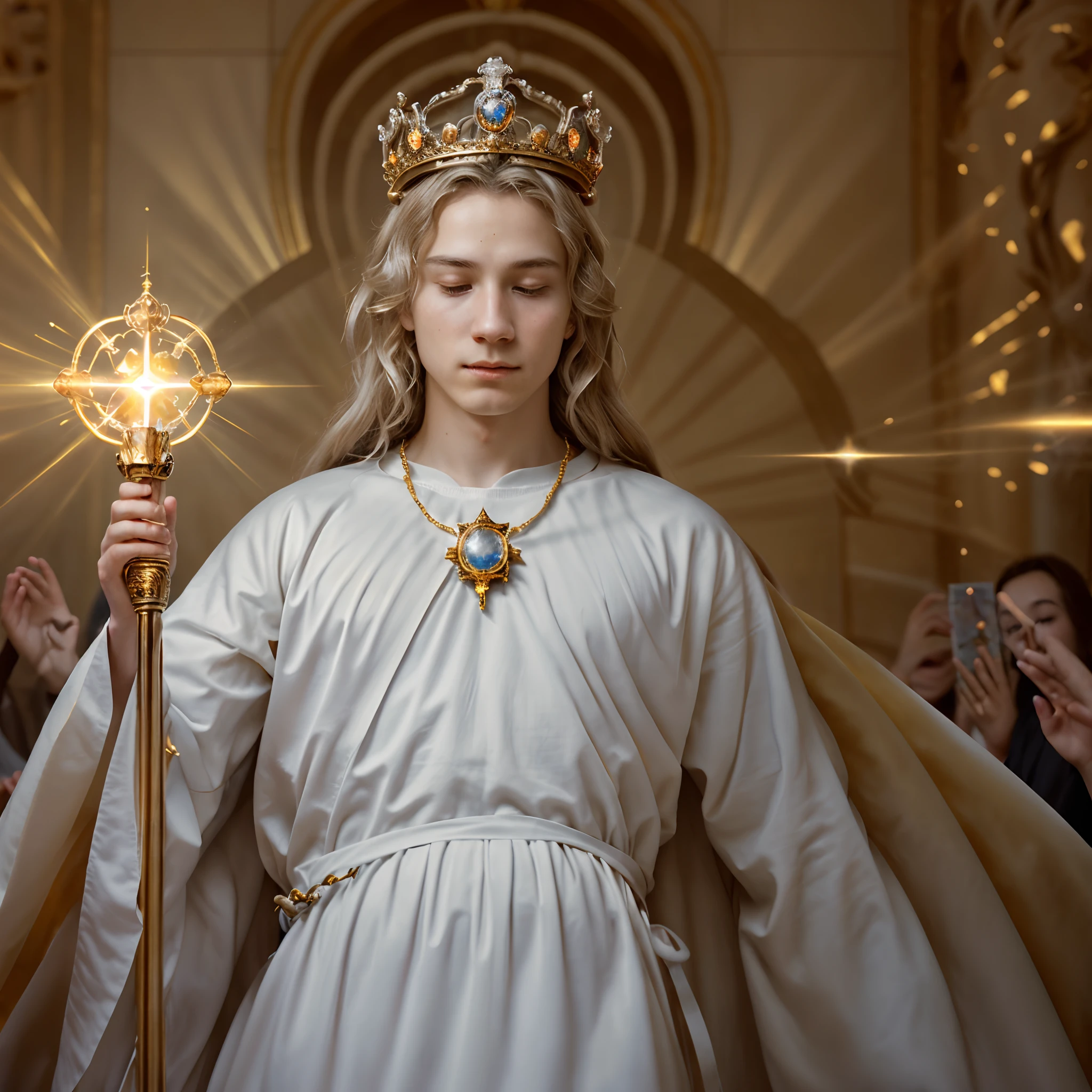 ultra realistic coronation of the wise young king, holding orb of light sovereign, wand of command and wearing light dimond crown, the king is emanating golden white aura, detail micro expression, the crowded hall everyone is happy