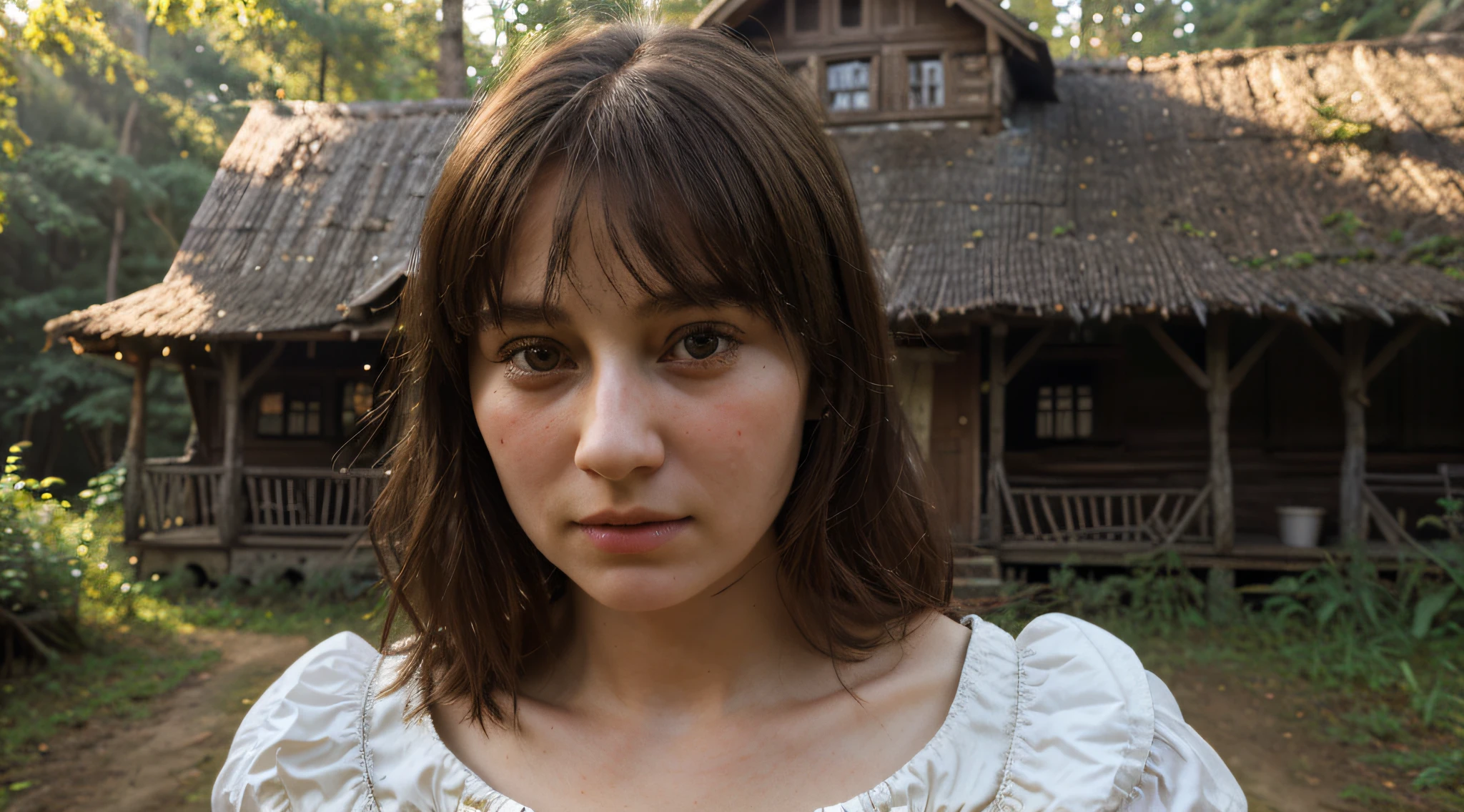 a girl in the village. an old dress. in the hands of a toy. scary forest. the old house. Perfect face, Photorealistic face. Very clear, without flaws, with five fingers, photorealistic, correct eye shape, very detailed face, spectacular light. Highly detailed photo, high quality.