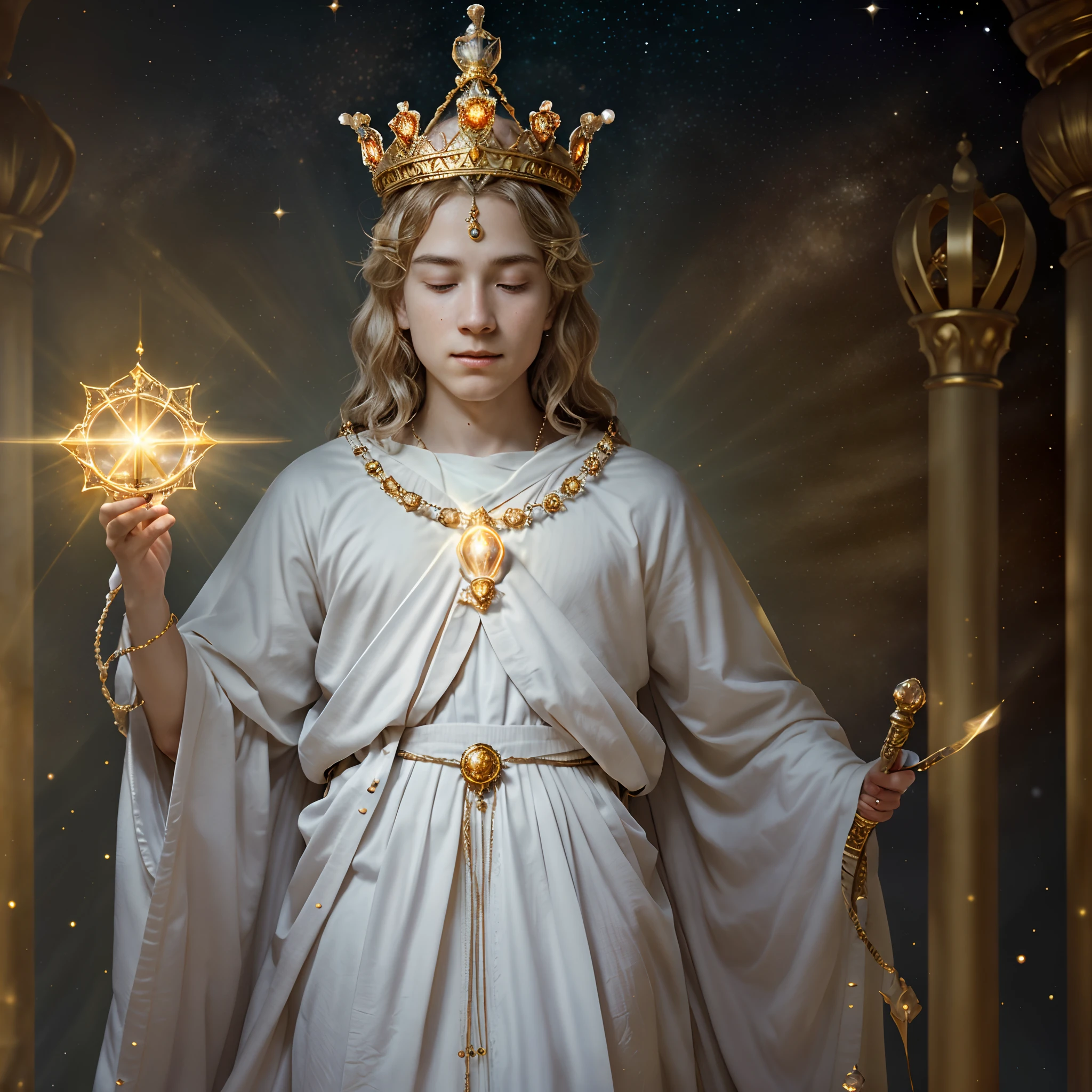 ultra realistic coronation of the wise young king, holding orb of light sovereign, wand of command and wearing light dimond crown, the king is emanating golden white aura, detail micro expression, the crowded hall everyone is happy
