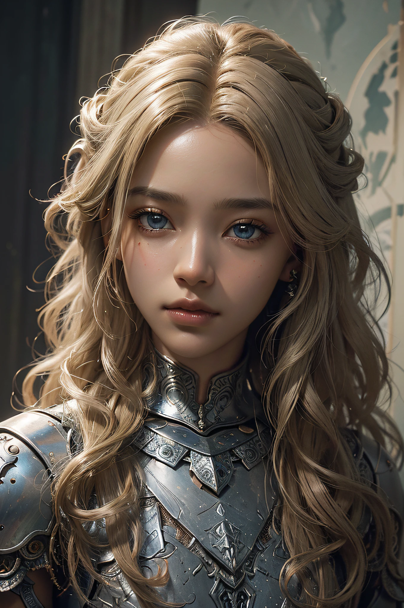 8k portrait of beautiful blonde female knight, curly hair, dark skin, african facial features, intricate, elegant, highly detailed, majestic, digital photography, art by artgerm and ruan jia and greg rutkowski surreal painting silver filigree, broken glass, (masterpiece, sidelighting, finely detailed beautiful eyes: 1.2), hdr,