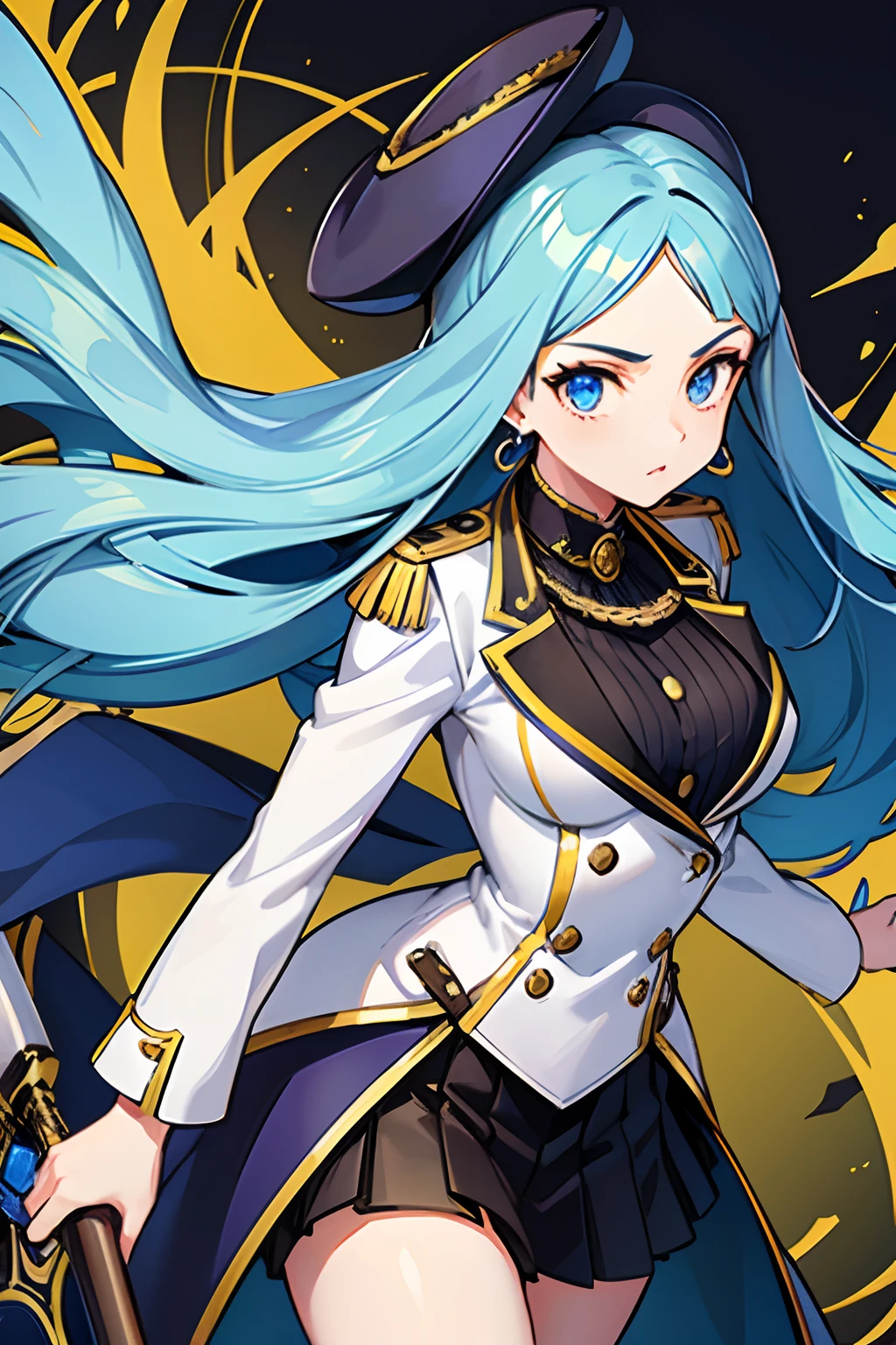 17 years old girl、Jade-colored long hair、the eyes are blue、milky skin、Retro musketeer style uniforms、Earrings with a bayonet motif、Persona 5