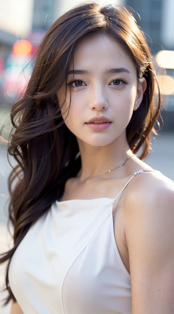 ((Highest quality, 8K, masterpiece:1.3)), concentrated:1.2, Beautiful woman with perfect figure:1.4, Stick your butt out:1.2, ((Cut your hair in layers, Beautiful breasts:1.2)), (Wet clothes:1.1) , (rain, street:1.3), Bandeau dress:1.1, Highly detailed face and skin texture, Detailed eyes, double eyelid，Whitening the skin，Long white hair，close - up studio photo, Japanese Model