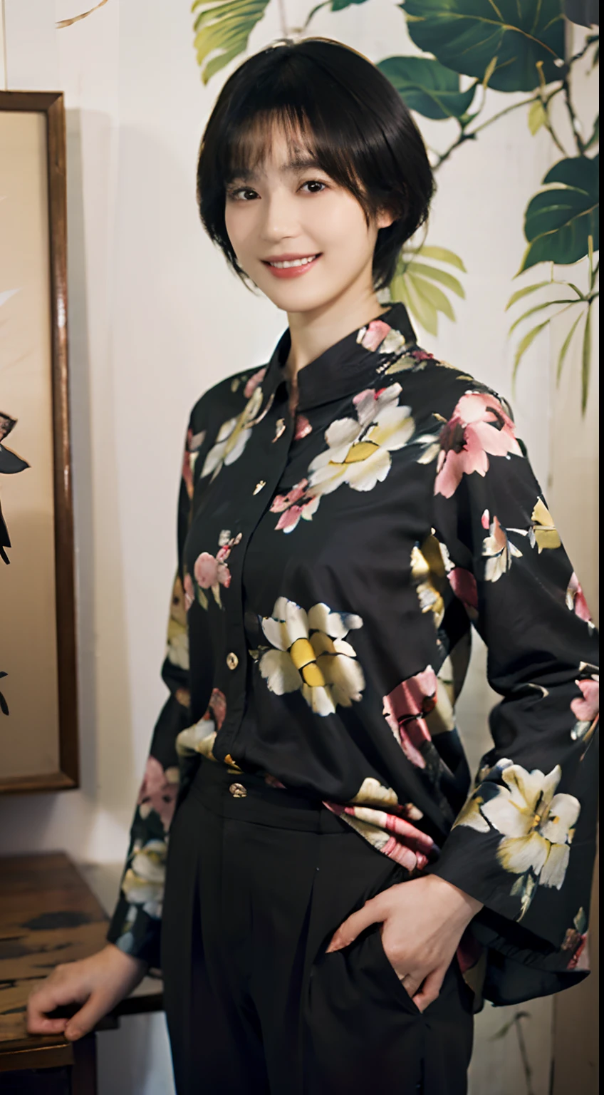 93
(a 20 yo woman,is standing), (A hyper-realistic), (masutepiece), ((short-hair:1.46)), (Smooth black hair), wear long pants, (Wearing a long-sleeved shirt with a floral print), (painterly、picture frame), (Gentle smile), (Keep your mouth shut)