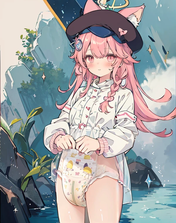 Fake animal ears, lightsmile, ear blush, tusk, Pink hair, Bangs, Curly hair, Side braid, Halo, beret, Animal ears, Cat ears, surrealism, drop shadow, anaglyph, stereograms, Tachi-e, POV, Atmospheric perspective, 8K, Super Detail, ccurate, Best Quality