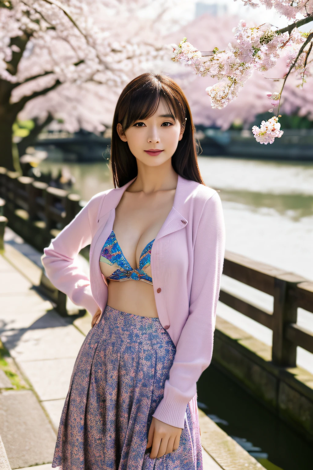 ((masterpiece、high-level image quality、hightquality,16K))、(Beautiful realistic Japan woman:1.5、Model actress)、Good looks、Lady with Honorable Honors、(Model body type,Beautiful breasts、Seductive hips)、Fashionable clothing、Beautiful limbs、Along the embankment、a river、springtime、cherry trees、love、