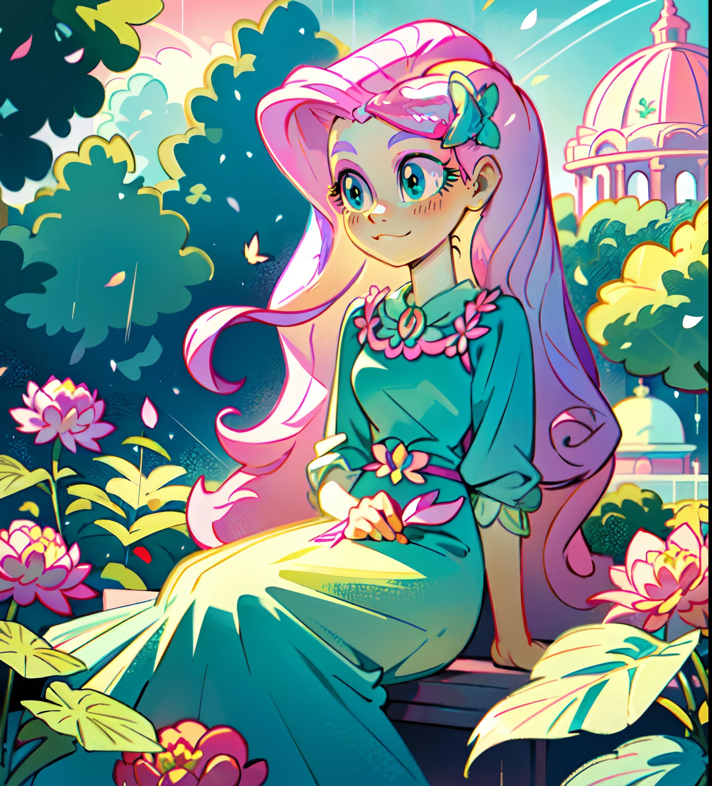 Fluttershy, fluttershy from my little pony, fluttershy in the form of a girl, lush breast, pink long wavy hair, soft smile, flowers, butterflies, (top quality, masterpiece, ultra-realistic), rainy day, raining, indoor in a green botanical garden, dome, lots of flowers, dense mass plants, the background landscape is a garden with petals, Dahlia peony flowers everywhere, turquoise eyes, turquoise eyeshadow, green dress, butterfly hair clip, detailed lighting, sunlight, yellow pure light, sitting, heavenly plants, hanging flower pots, pink and green flowers everywhere, flower crown, green glass dome, extremely long hair, (light yellow skin 1.5), yellow pony ears, golden lighting