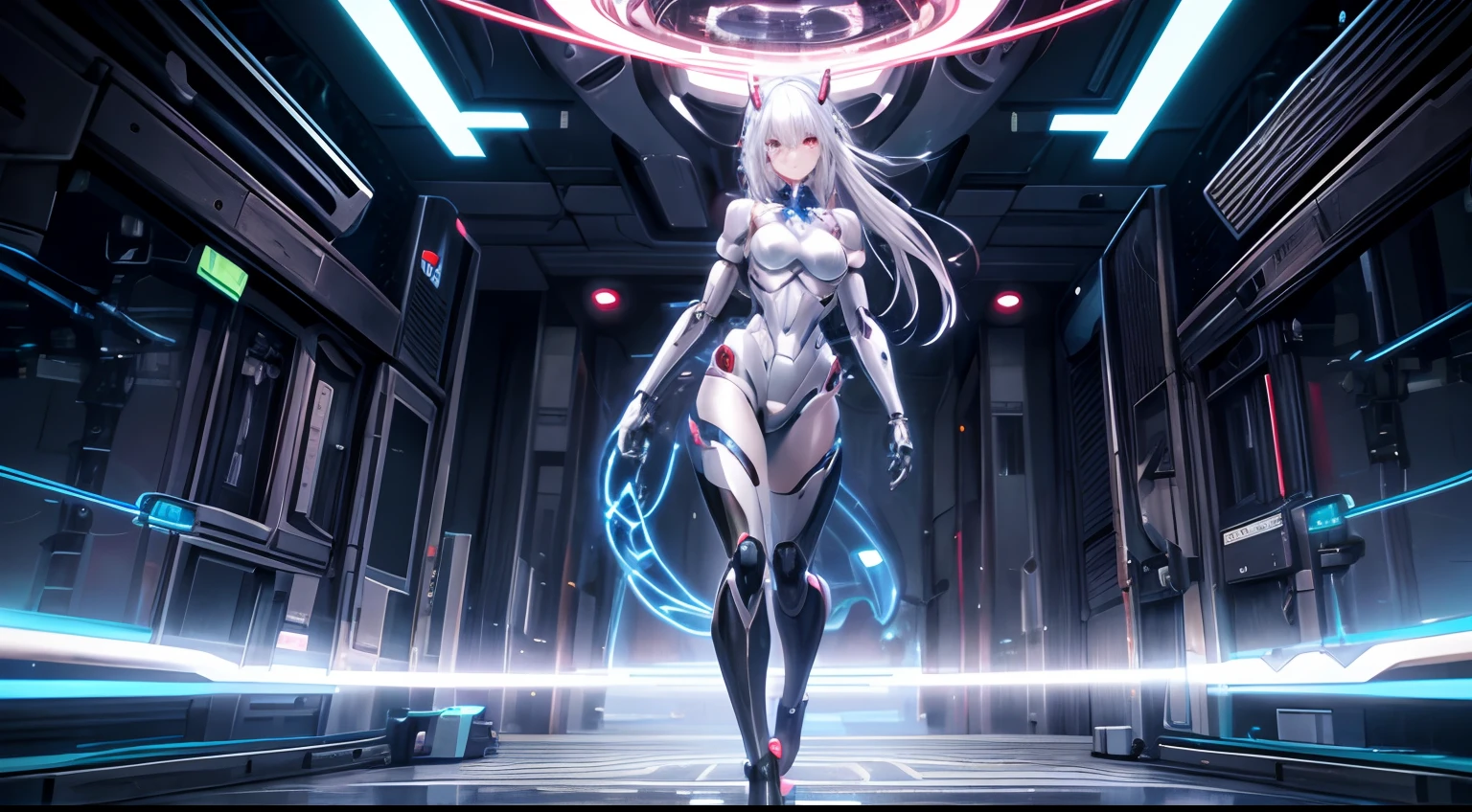anime style illustration image, cyborg robotic woman human face, expressionless eyes, perfect body, with random nudity and random cybernetic mechanical parts, full body, From the palm of your hand comes a heart-shaped hologram, she is in a robot factory connected by wires to futuristic machines