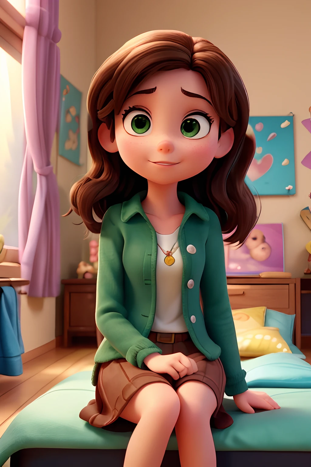 a Disney Pixar-style movie poster with the title ("One-touch love"). (One-touch love. Girl in her room in black clothes, Brown Hair Medium Length Hair, dark green eyes and large lips, Christina sitting on the bed ) the scene should be done in Pixar's signature digital art style, with an emphasis on symbolic expressions, Vibrant colors and detailed textures, Specific to animations, with title ( Her Love )