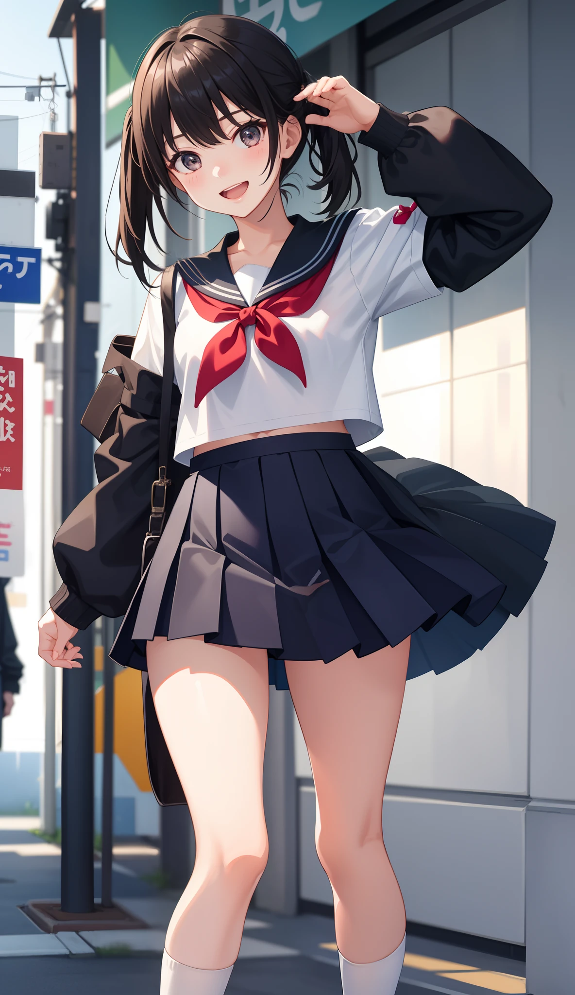 1girl in、AS-Adult、A smile、open open mouth、、be shy、The shirt、skirt by the、（small tits）Japan High School、校服、serafuku、Walking with a thigh、Upper body portrait、