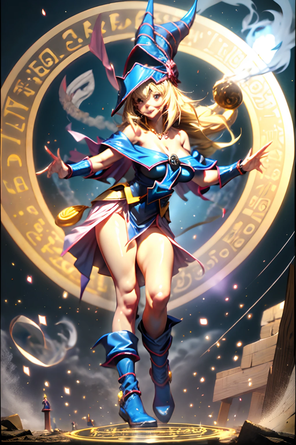 (Obra maestra:1.2), (La mejor calidad:1.2), Perfect lighting, Chica Maga Oscura lanzando un hechizo, flotando en el aire, Levitating over a magic circle , Portal de Circle, tetas grandes, escote abierto, fondo de magia. Pose sejustiva y sexy. Fuegos artificiales de fondo. dragon armaguedon
