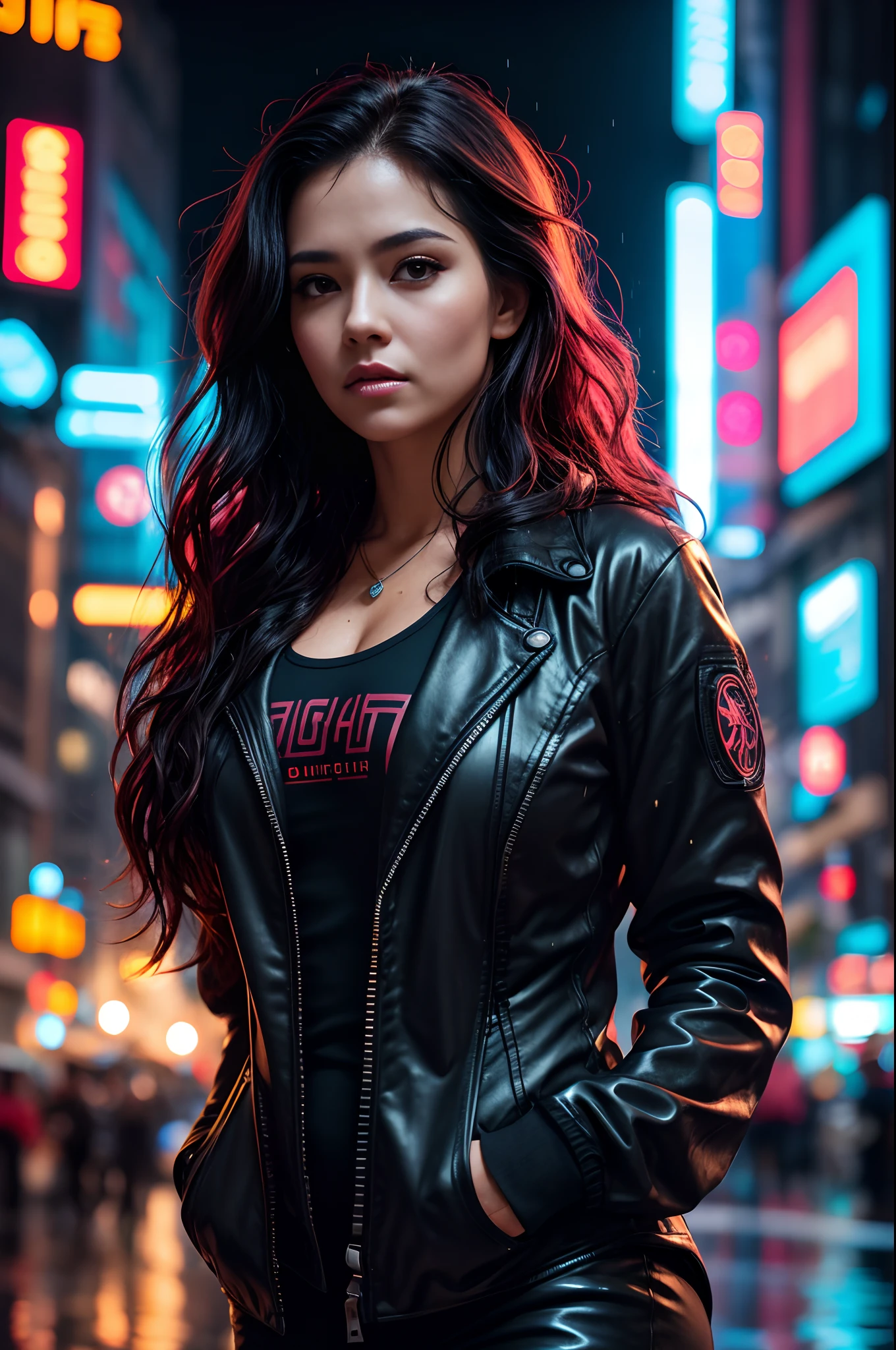Angela is a beautiful 30 year old woman, wavy hair, detailed eyes, detailed face, high detail skin, strong compact body, wearing sexy cyberpunk street clothing, futuristic cyberpunk city background, misty, wet, raining, best quality masterpiece, realistic photo, intricately detailed, 8k, HDR, shallow depth of field, wide light, high contrast, backlight, light flares, chromatic aberration, sharp focus, RAW color photo, looking at the camera, various poses