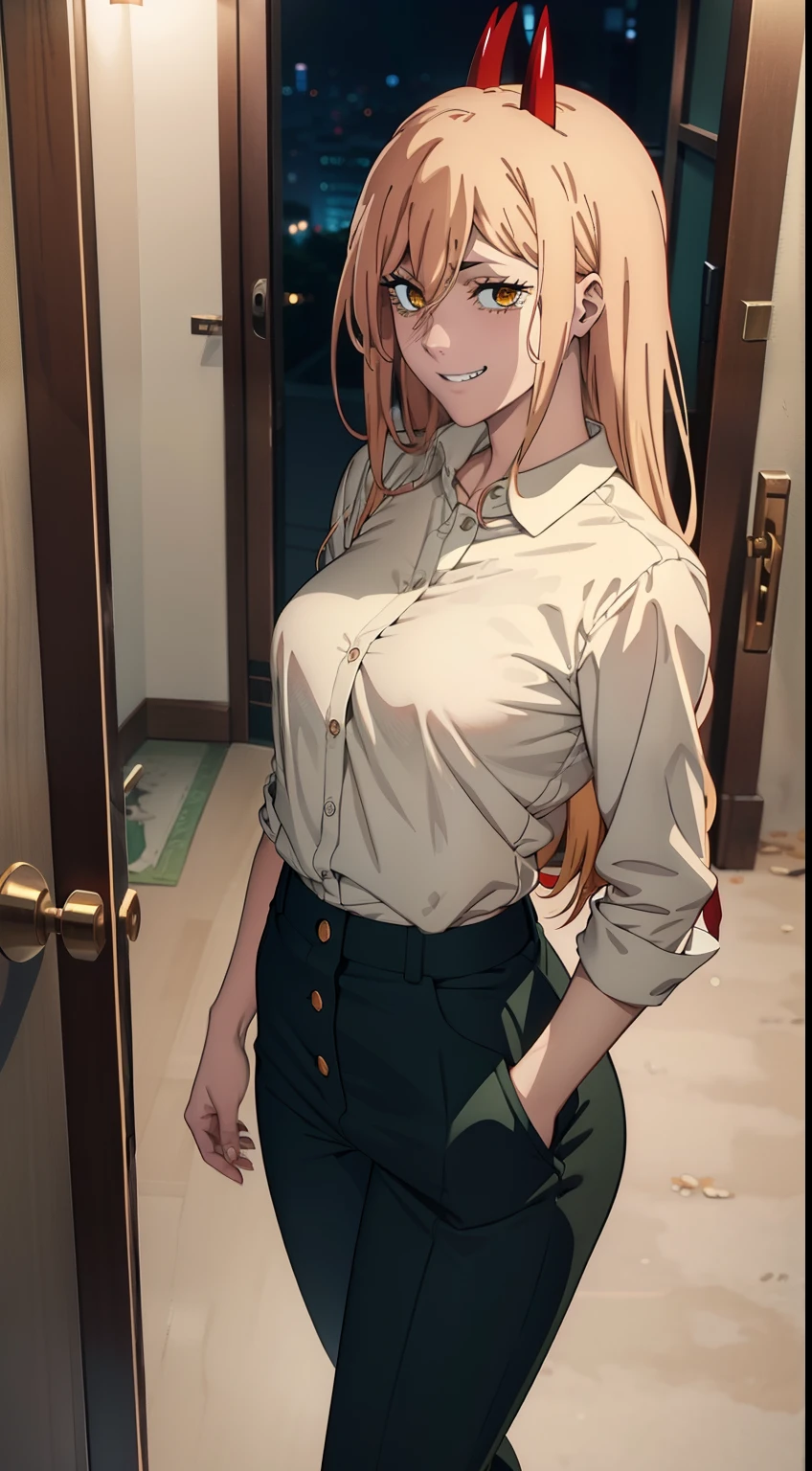 Sex, hooligan, waist, legsupms, buttocks, pectorals, Camera from above, Frame from above, the night, Lights, looks at the viewer, ssmile, grin, criminal, laughting, shirt unbuttoned, handsome body(Perfect Anatomy 1.1), medium chest size, bare breasts, madwoman, white shirt, black pant, Tucked-up trousers, red sneakers, vulgar, Erotica, half naked, beautiful breasts, waist, sexy body, hight resolution, 1girl, 独奏, hairlong, blonde woman, dangerous,vivid eyes,Yellow eyes, Odin, Mesmerizing eyes,Confident,superior, naughty, (power \(chainsaw man\),), red horns, Energy from a chainsaw, Red horns on the head, Cool anime 8K, Clean and detailed anime art, 4K Manga Wallpapers, Подробный портрет Anime Girl, Anime 4K Style, Anime Art Wallpapers 4K, Anime Art Wallpaper 4K Masterpiece, Gorgeous, Best Quality,