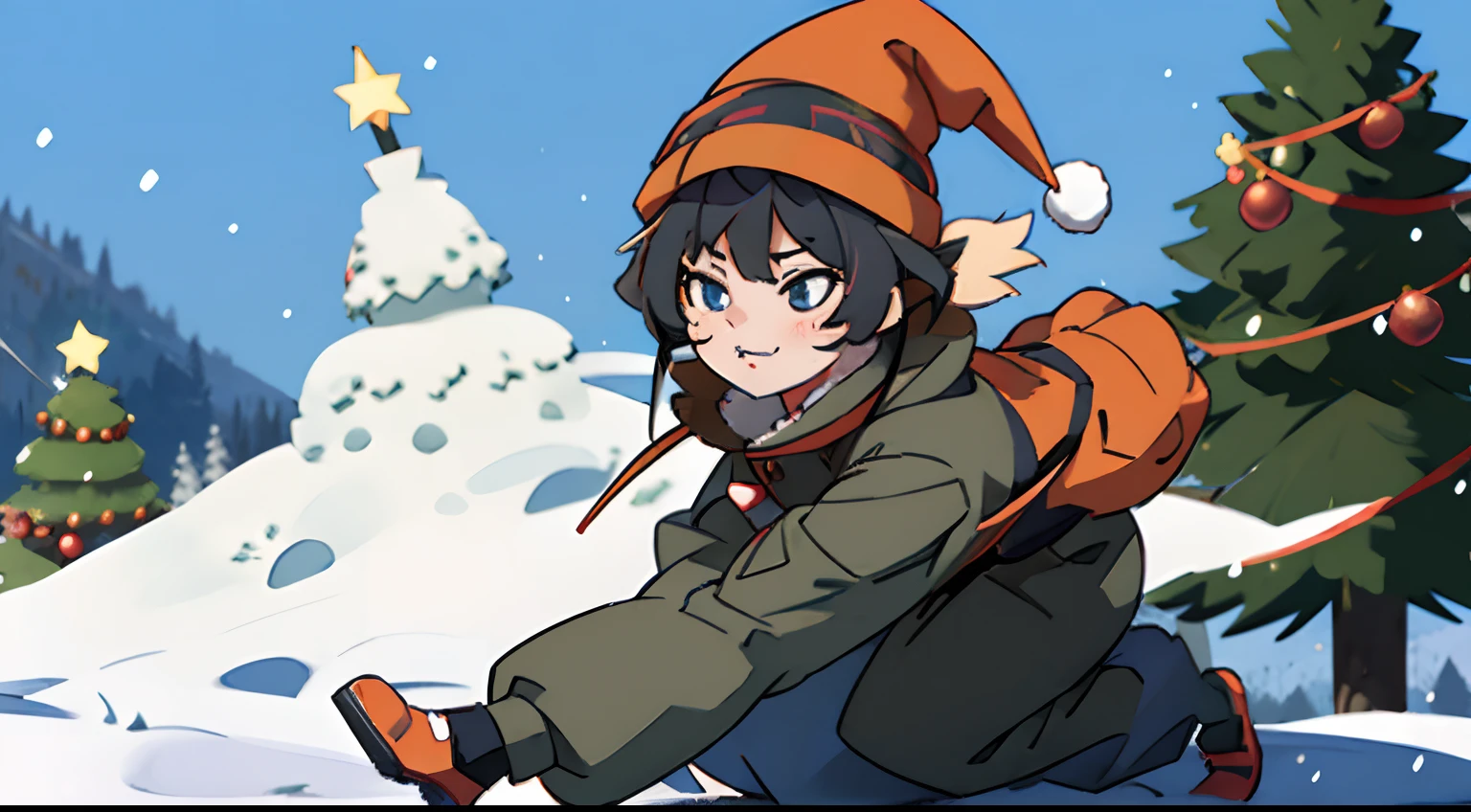 tanya, black hair with a Christmas hat, wearing a gray coat, with an orange hood, with a Christmas background, with snow and Christmas trees