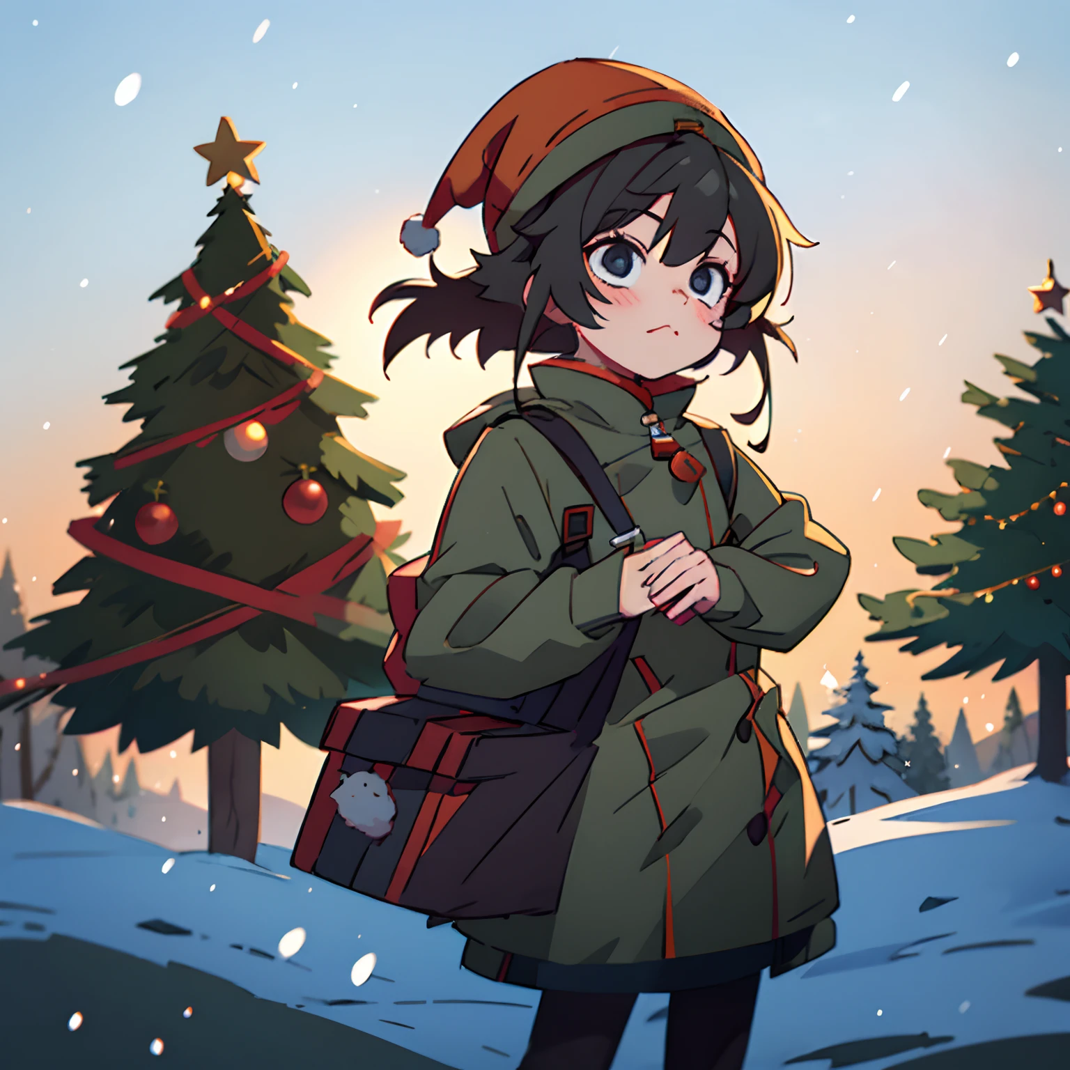 tanya, black hair with a Christmas hat, wearing a gray coat, with an orange hood, with a Christmas background, with snow and Christmas trees