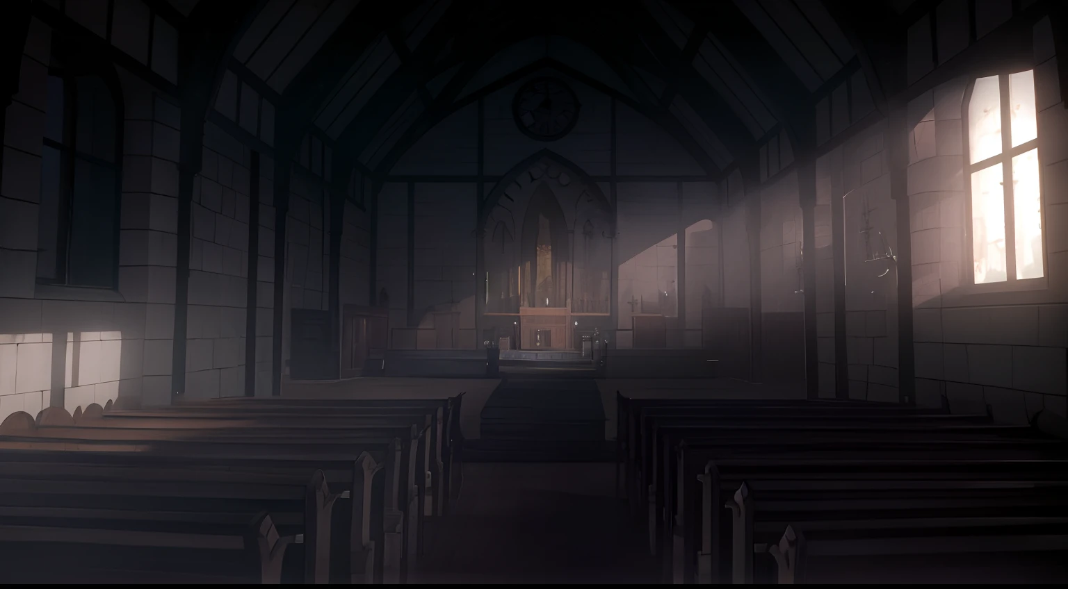 There is a room with benches and a clock, Fundo da igreja!, Fundo da igreja, gothic church background, arte de fundo interior, demonic atmosphere, Fundo da catedral, arte de fundo do anime, cena ambientada em uma igreja, Satanic interior of the church, igreja escura e sombria, Sala de Pressentimento, random background scene, cena da igreja, Fundo do anime, neste interior da igreja