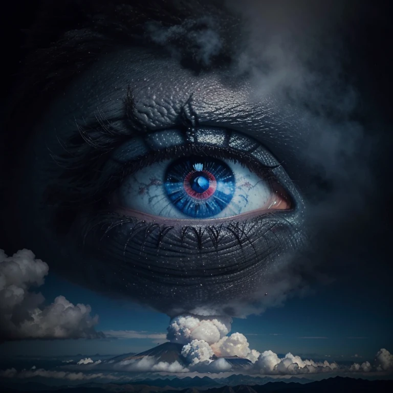 eye in the middle of a cloud of volcano smoke, Volcano erupting with eye on top, tons de azul, arte digital inspirada em Cyril Rolando, surrealismo, Portrait of a giant eye in the smoke of a volcano, mystic eye, nuvem de fumo com um olho, surrealismo