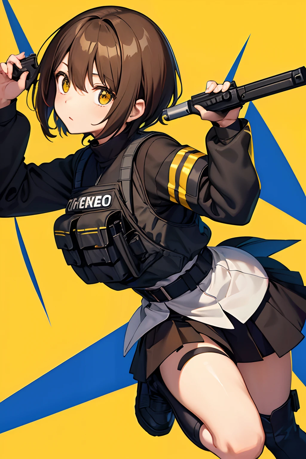 World Trigger、a 19 years old girl、Half-up with brown hair、The eyes are brown with a little yellow、He wears a bulletproof vest over his second squad uniform、Long spats on the skirt、There is a handgun holder on the thigh、Shoes are easy to move and simple boots、Position is all-rounder。