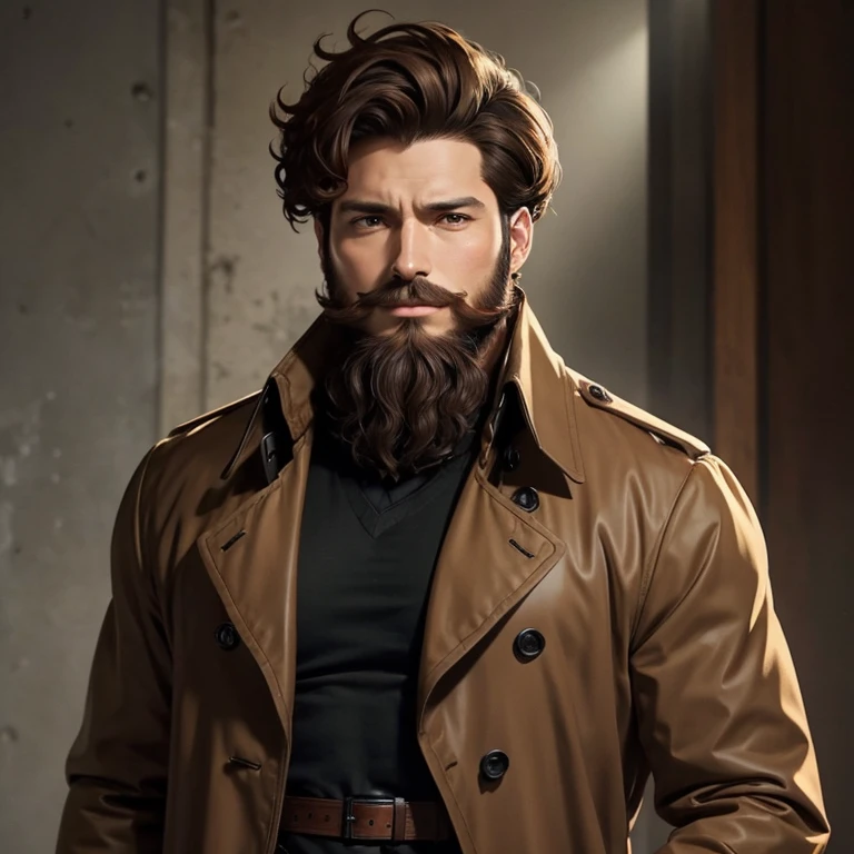 Man in his forties. Short curly hair. Brown hair. Red and brown beard. Trench coat. Medium sized medium sized beard. 2D. Anime style. Drawing. Color.