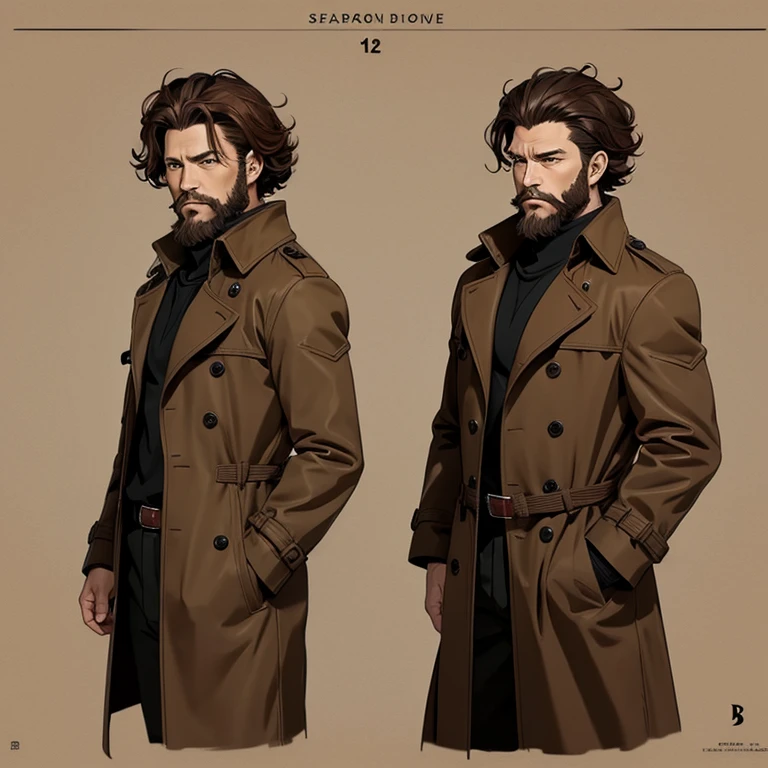 Man in his forties. Short curly hair. Brown hair. Red and brown beard. Trench coat. Medium sized medium sized beard. 2D. Anime style. Drawing. Color.