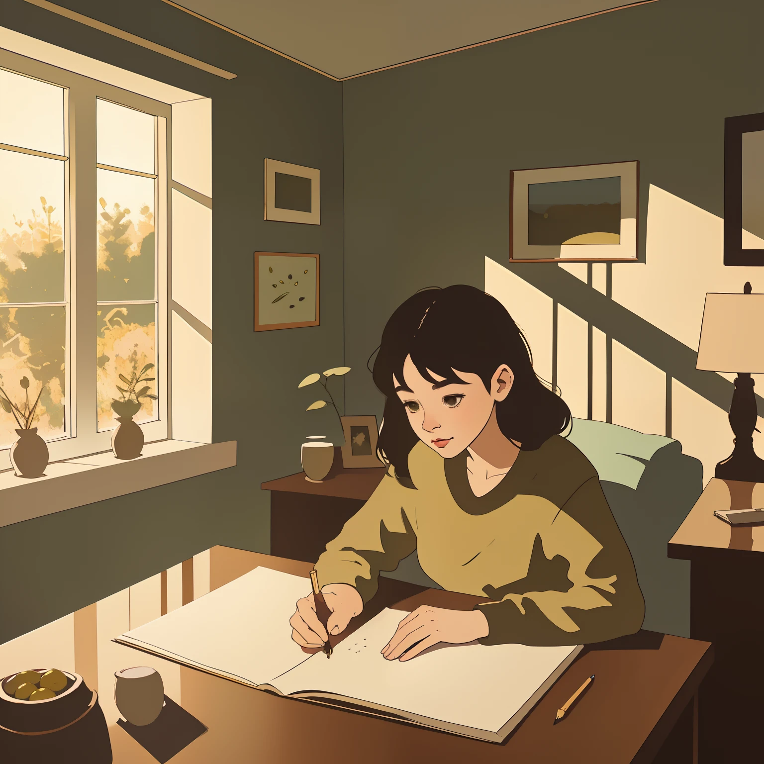 A lofi image of 1 girl studying in a cozy room in olive ambience, window in the background, clear view, only 1 girl, (olive theme color:1.2), (hex color #808000)