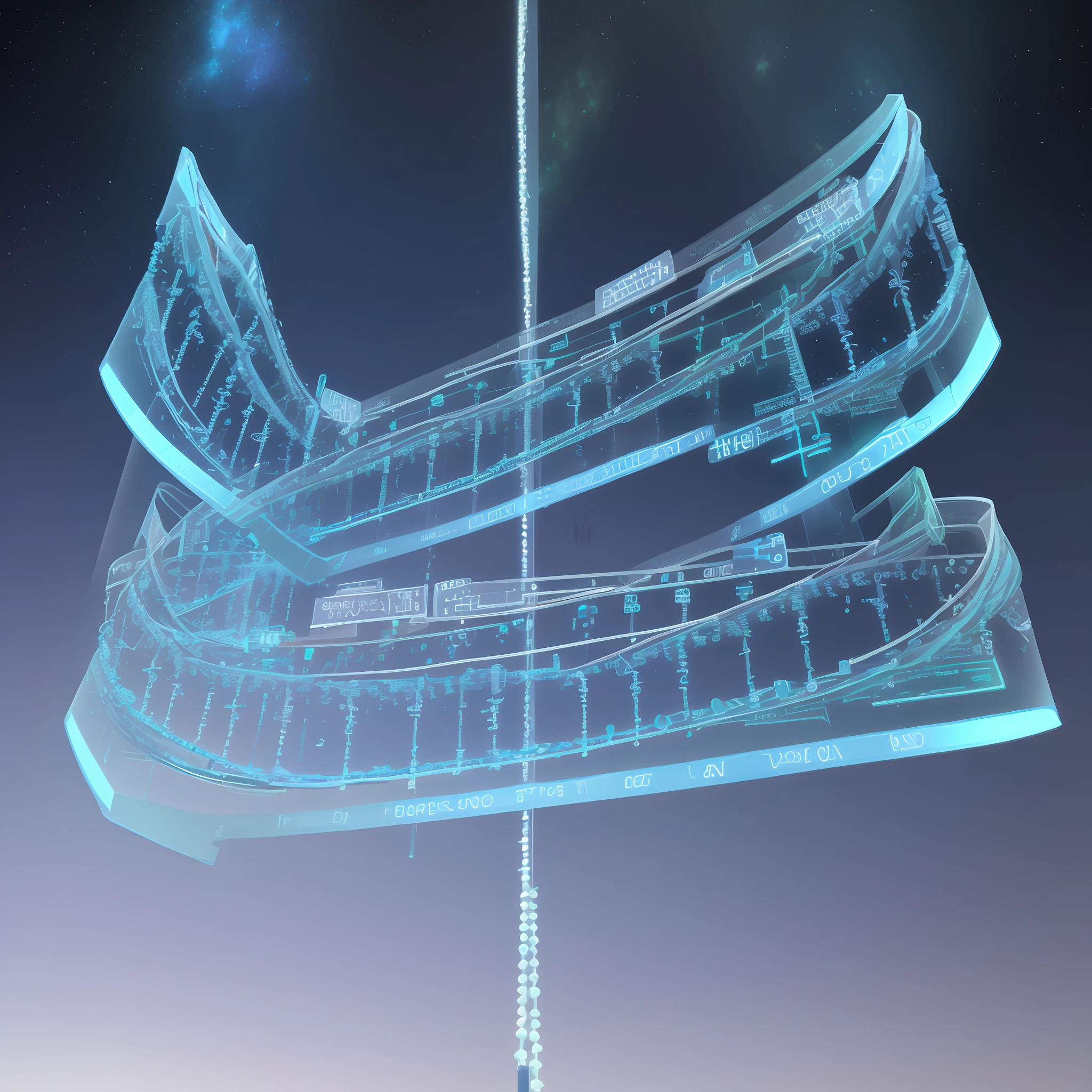 DNA Helix, with a blue galaxy background, blue see through brain, word DNA with neon blue lights