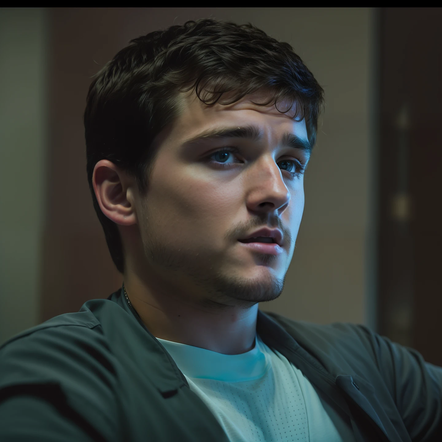 high quality shot, man standing looking down at camera, josh hutcherson, shirtless abs, full color, realistic