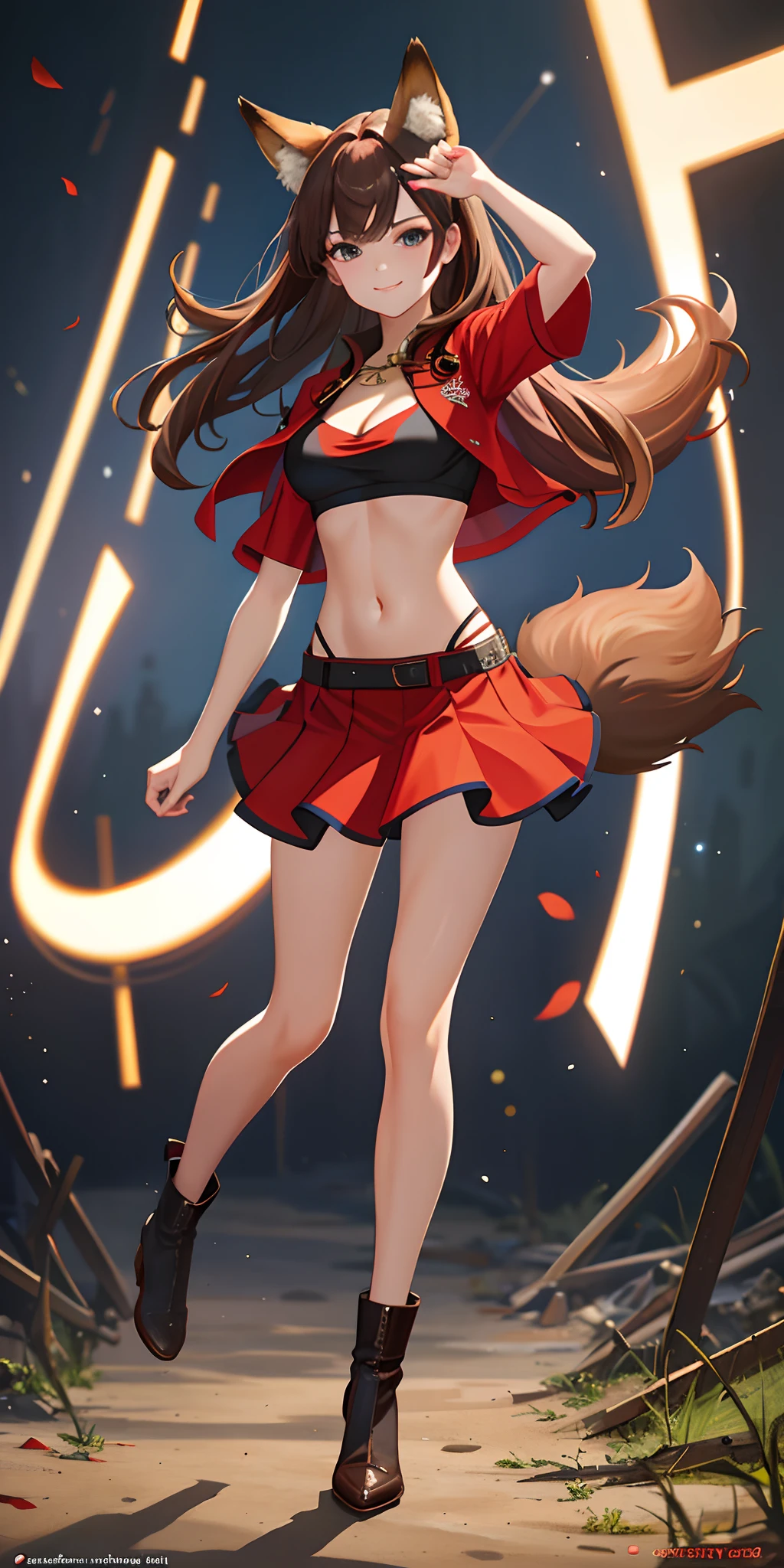 masterpiece, top quality, high resolution, solo, black and red crop top, cleavage, medium breasts, midriff, fox ears, crop top, micro skirt, sexy, brown hair, cowboy shot, full body, smirk