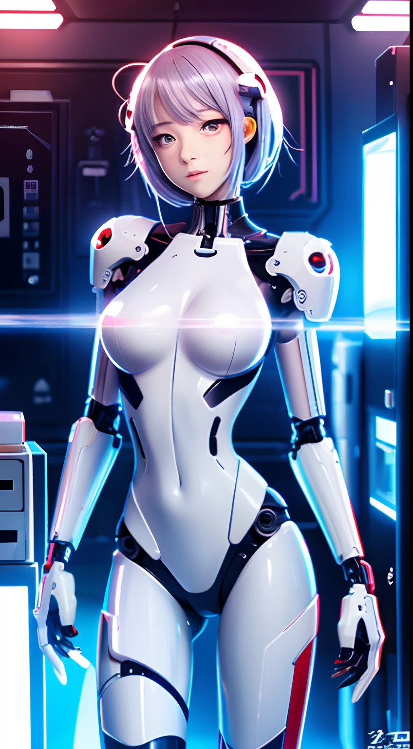 anime style illustration image,
cyborg robotic woman
human face, expressionless eyes, perfect body, with random nudity and random cybernetic mechanical parts, full body,
From the palm of your hand comes a heart-shaped hologram,
she is in a robot factory connected by wires to futuristic machines