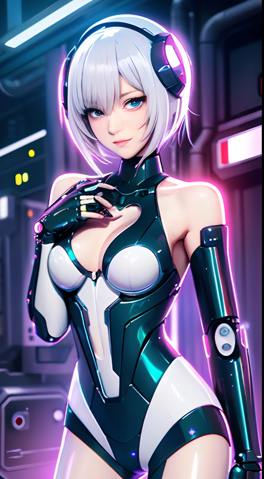 anime style illustration image,
cyborg robotic woman
human face, expressionless eyes, perfect body, with random nudity and random cybernetic mechanical parts, full body,
From the palm of your hand comes a heart-shaped hologram,
she is in a robot factory connected by wires to futuristic machines