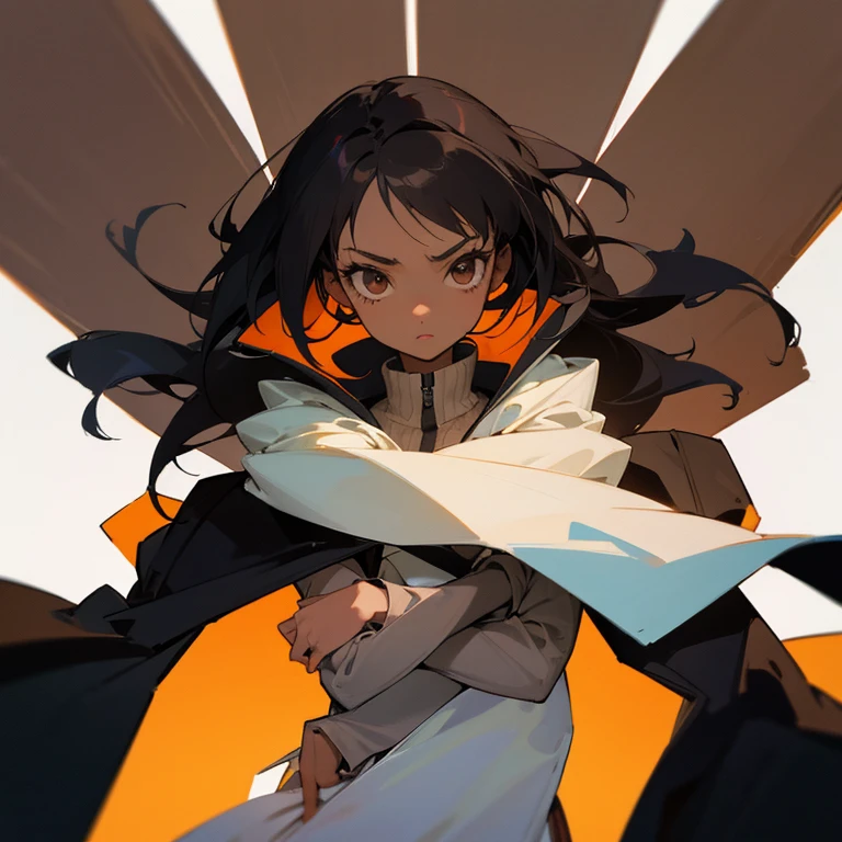Anime girl. 2 D. Drawing. Color. Brown skin. . Black hair. Hair to her shoulders. Oversized coat.