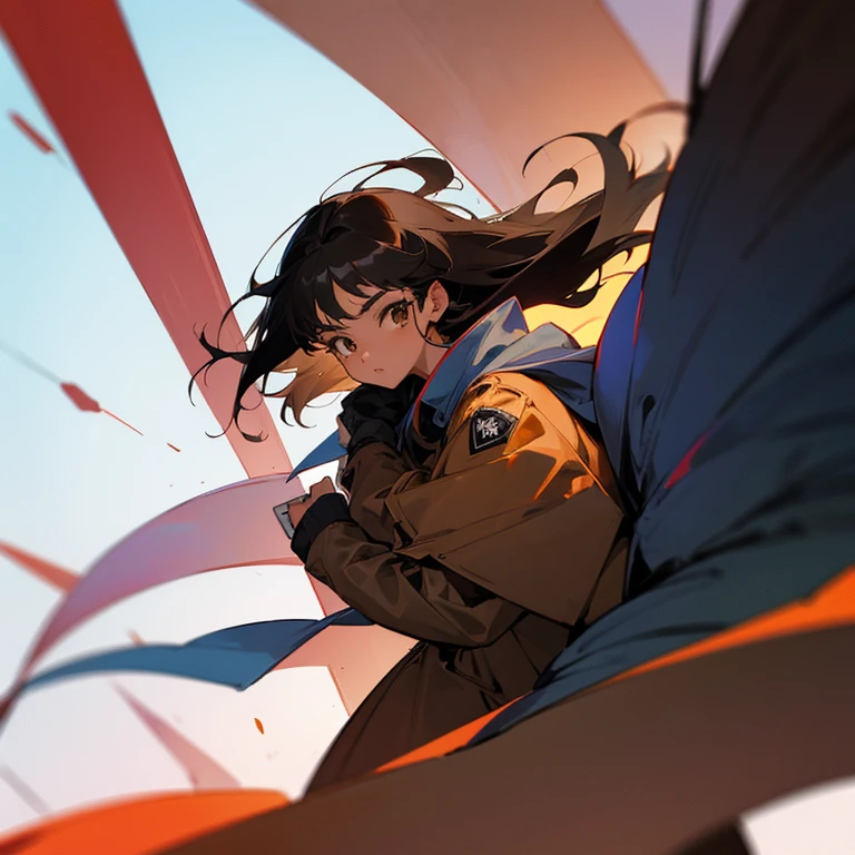 Anime girl. 2 D. Drawing. Color. Brown skin. Eighteen years old. Black hair. Hair to her shoulders. Oversized coat.