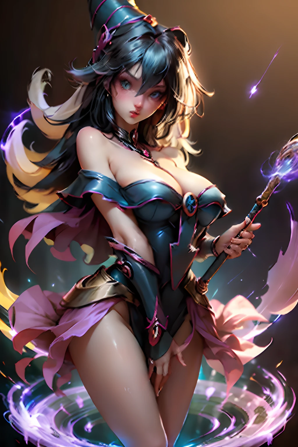 (​masterpiece:1.2), (best qualtiy:1.2), Perfect Lighting, The Dark Wizard Girl (casting spells: 1.3), in her 20s, (Floating in mid-air: 1.3), Visible medium boobs, Transparent neckline,  From  above, flashes, (Hands with magical effects: 1.4 )Magic in your hands, apocalypse background