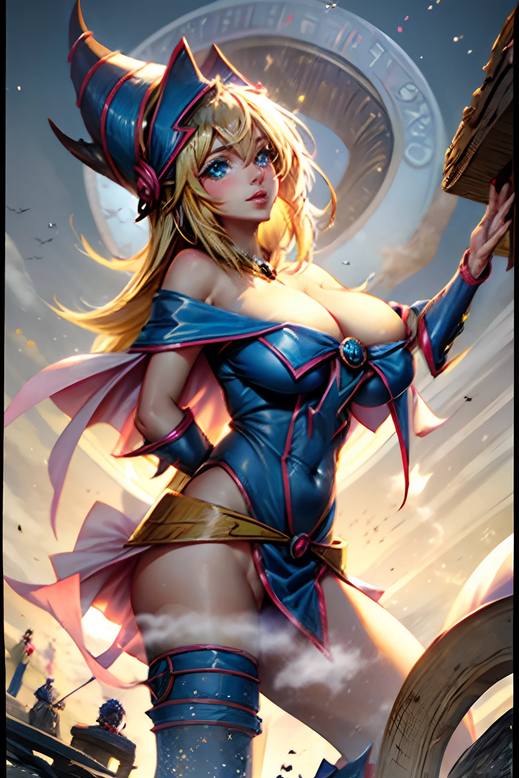 (Obra maestra:1.2), (La mejor calidad:1.2), Perfect lighting, Chica Maga Oscura lanzando un hechizo, flotando en el aire, Levitating over a magic circle , Portal de Circle, tetas grandes, escote abierto, fondo de magia. Pose sejustiva y sexy. Fuegos artificiales de fondo. dragon armaguedon